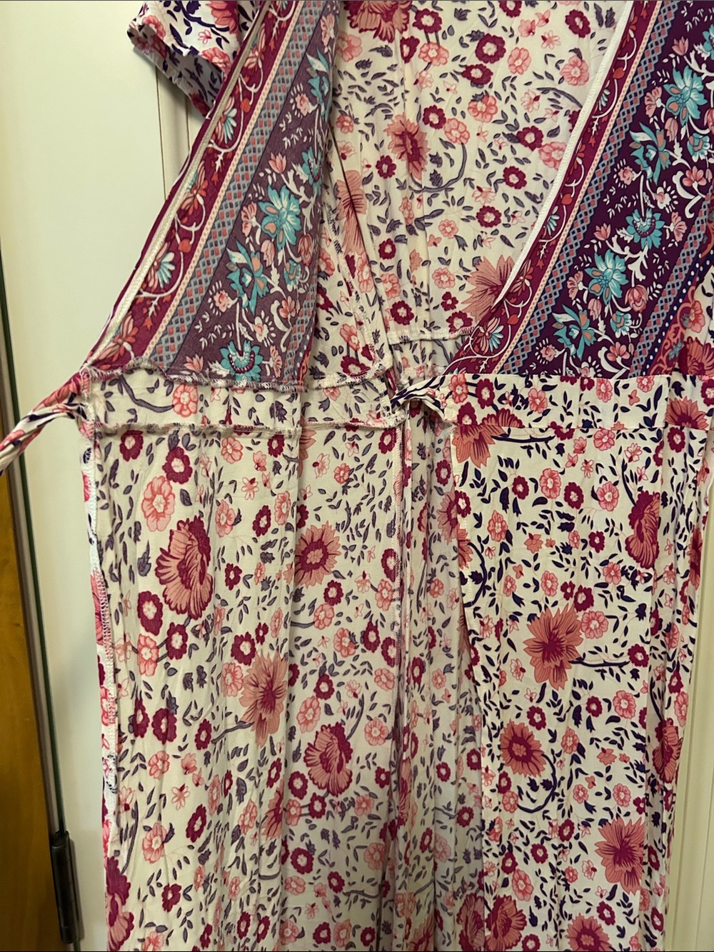 Floral V-Neck Maxi Wrap Dress in Pink with Complimentary Border. Summer Weight - Picture 3 of 8